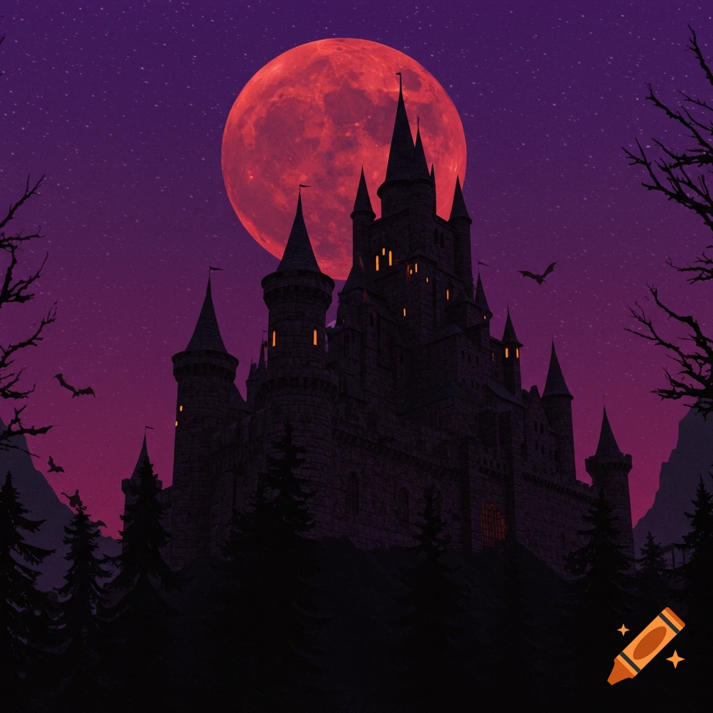 Dark castle silhouette against a purple sky with a large red moon and bats.