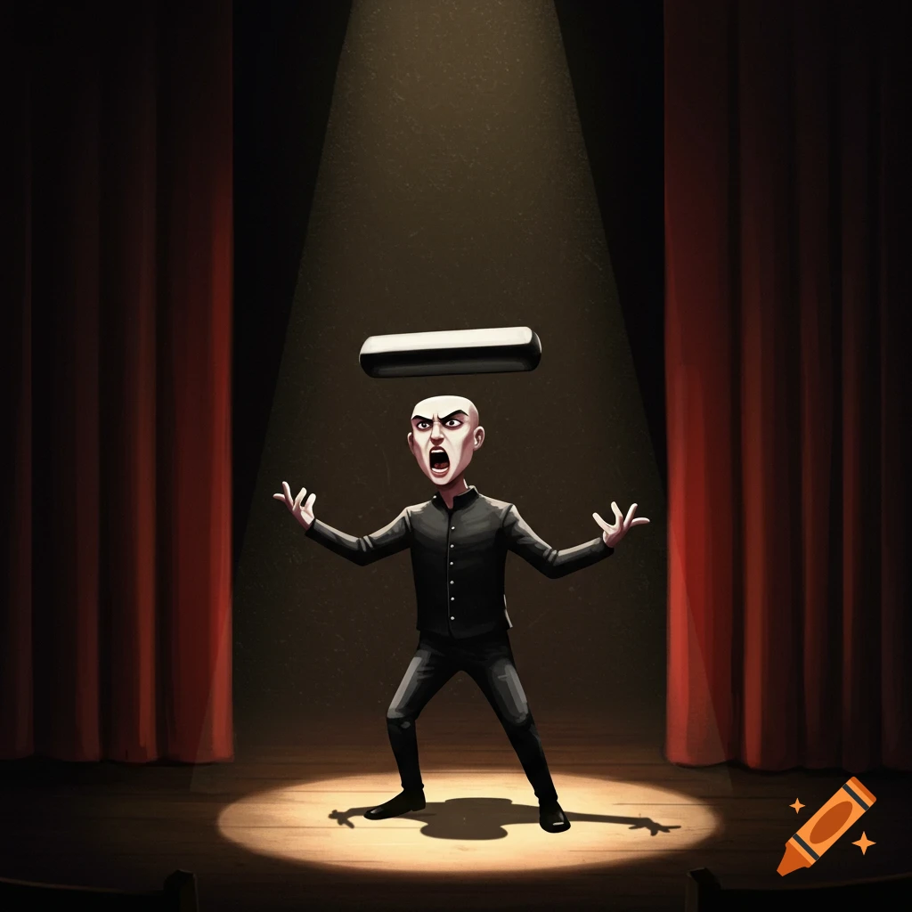 Dramatic figure representing an em dash on a stage under a spotlight.