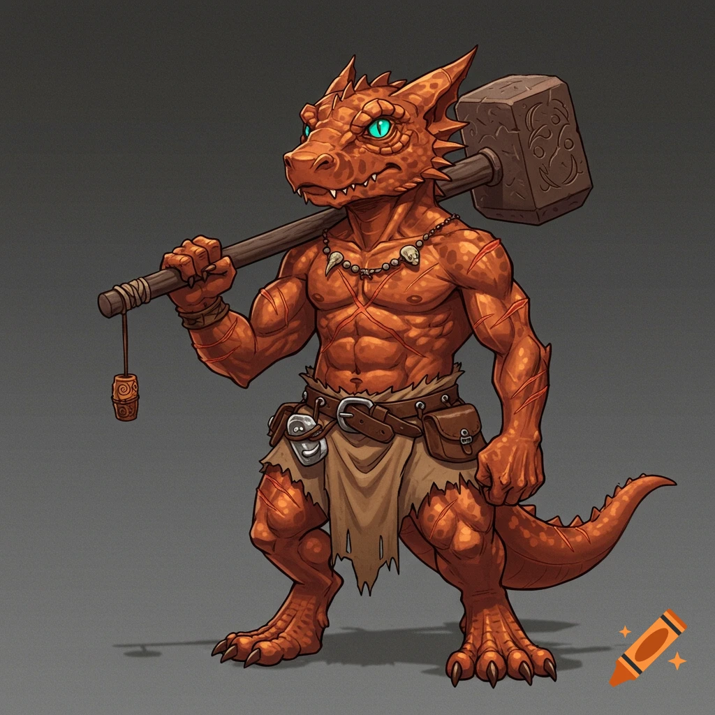 A muscular orange kobold barbarian holding a large hammer over his shoulder.