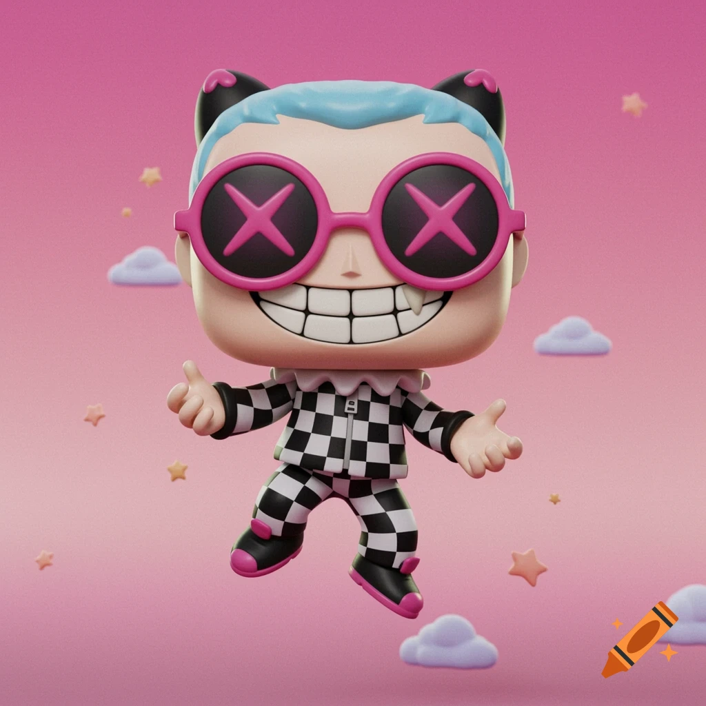 A cute Funko Pop figure with blue hair, cat ears, pink X-shaped sunglasses, and a checkered outfit floats on a pink background with clouds and stars.
