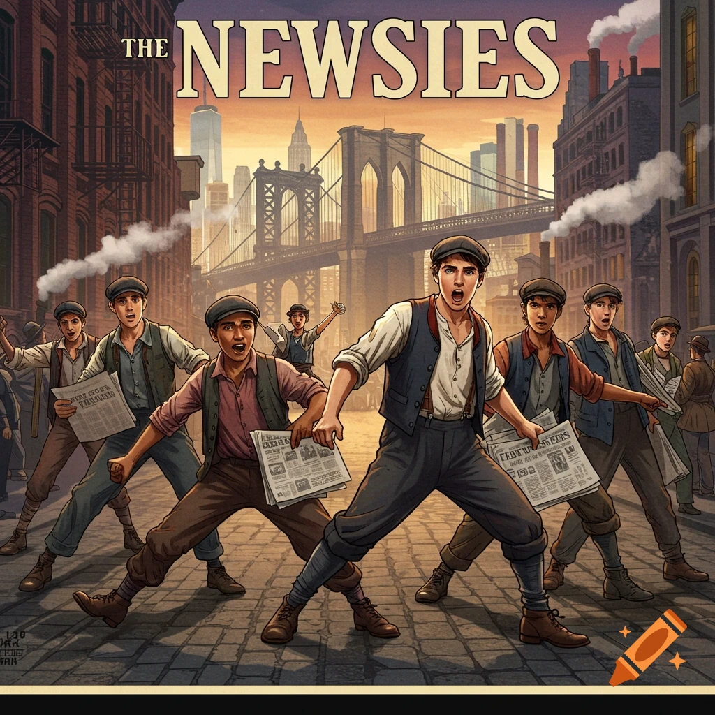 Newsboys dancing in a street with newspapers, city skyline, and 'THE NEWSIES' title.