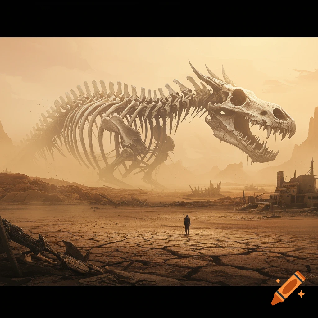 A massive dinosaur or dragon skeleton lies in a desolate, cracked desert landscape with a small figure nearby.