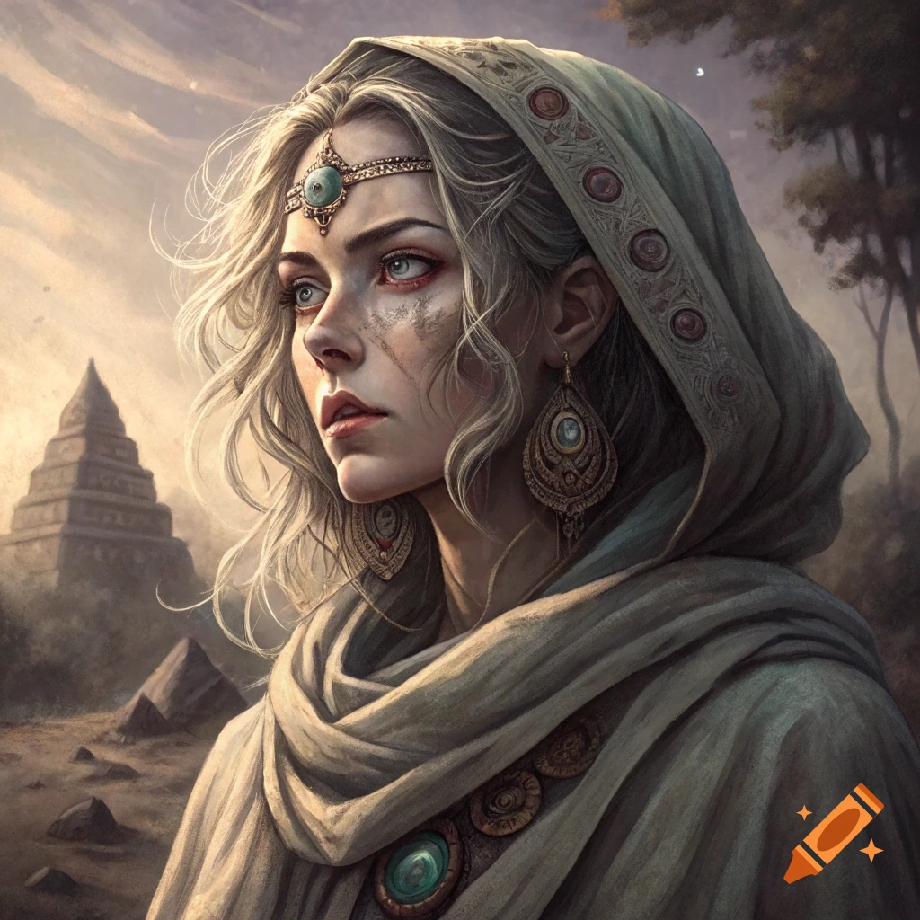Painting of a mysterious woman with light hair and ornate jewelry, looking into the distance, with an ancient temple in the background.