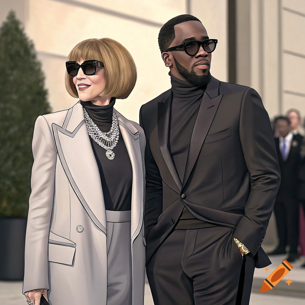 Anna Wintour and Sean 'P Diddy' Combs in formal wear and sunglasses looking to the side
