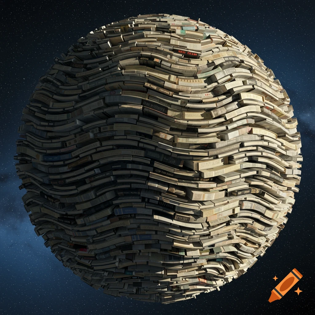 A planet made entirely of stacked, undulating books floats in outer space.