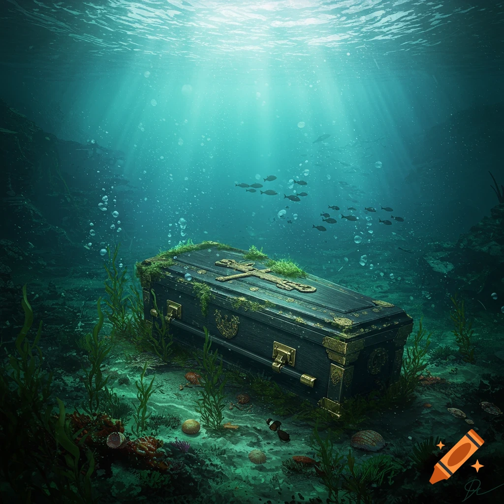 A coffin rests on the seabed among plants, fish, and bubbles, with light rays piercing the water.
