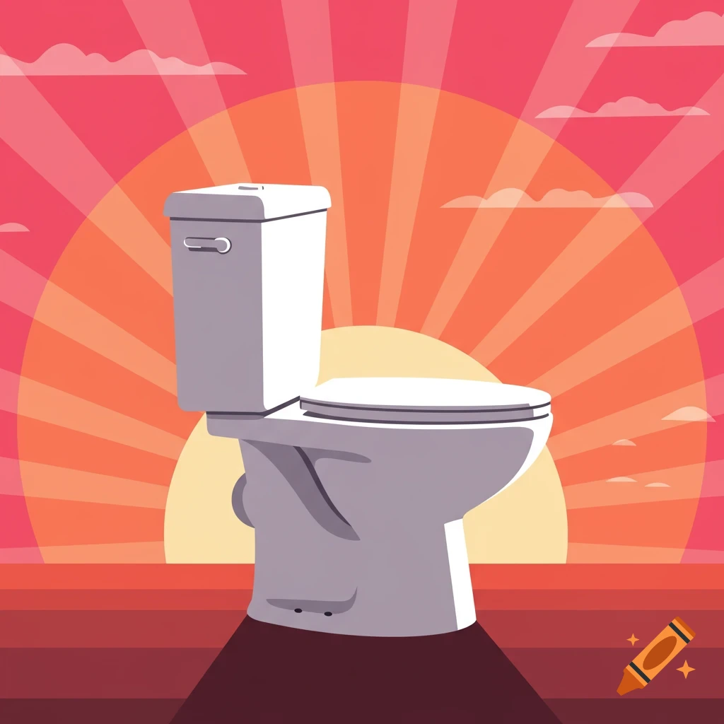 Vector illustration of a toilet with a sunrise in the background.
