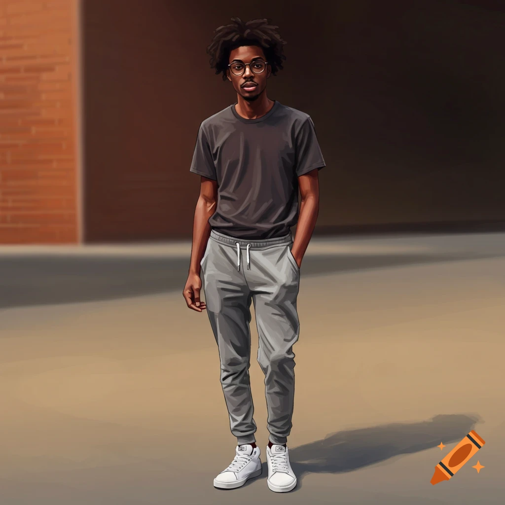 A young Black man wearing glasses, a dark t-shirt, and sweatpants, standing outside.