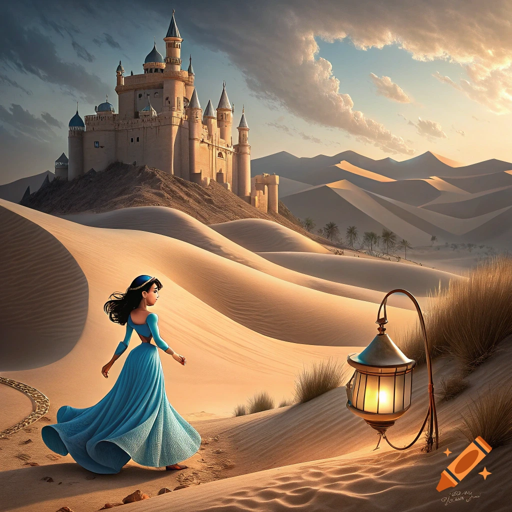 A character resembling Princess Jasmine walks through a desert landscape towards a castle on a hill at sunset, with a lamp.
