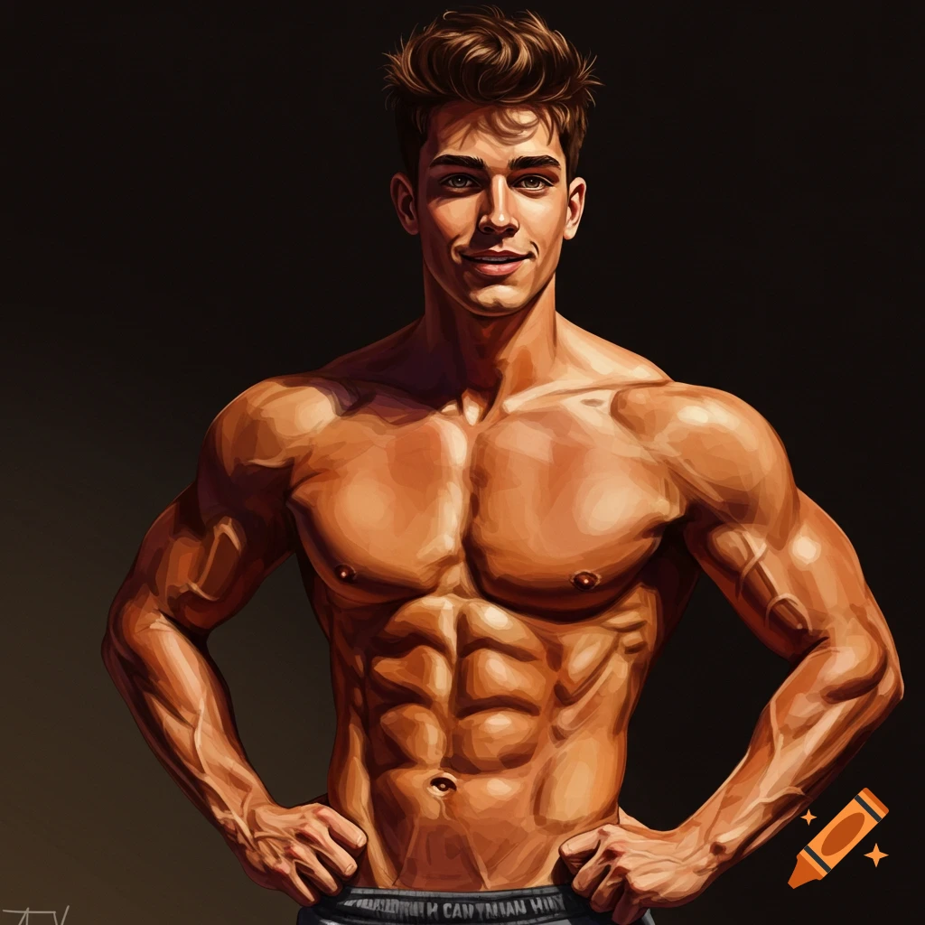 Smiling muscular man with hands on hips against a dark background.