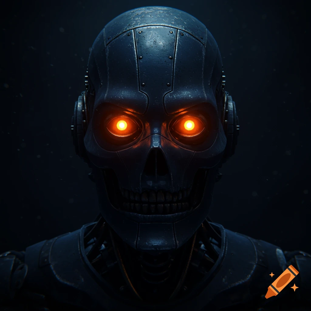 Close-up portrait of a dark blue metallic robot head with glowing orange eyes.