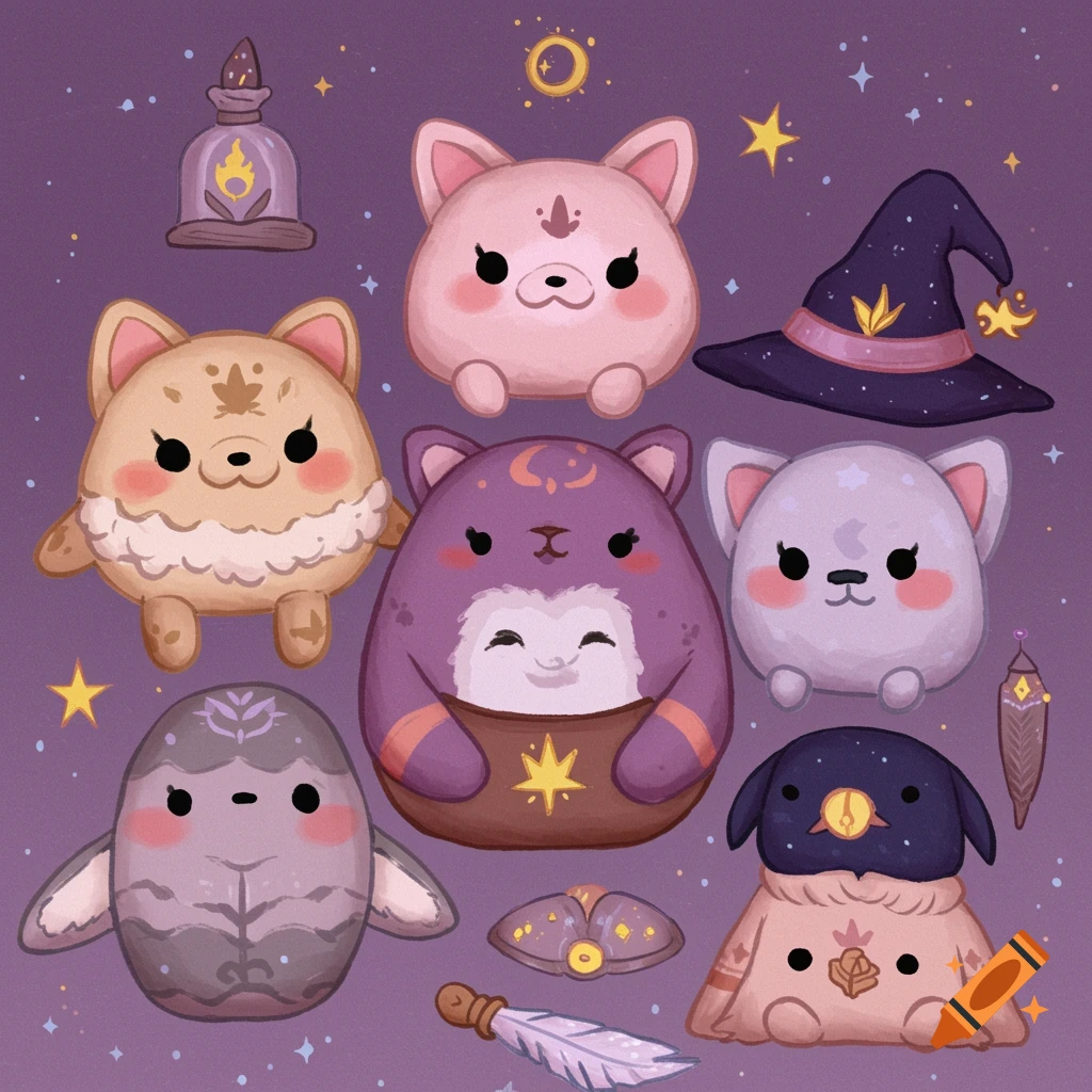 Cute witchy animal plush toy designs on a starry purple background.
