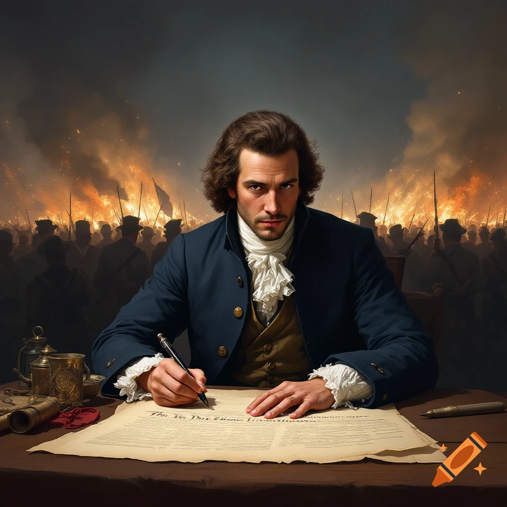 Man in historical attire signs a document with a quill pen, a battle rages in the background.