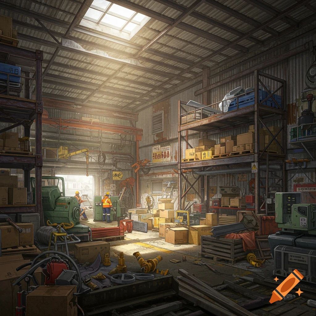 A busy, cluttered warehouse scene with workers and machinery.