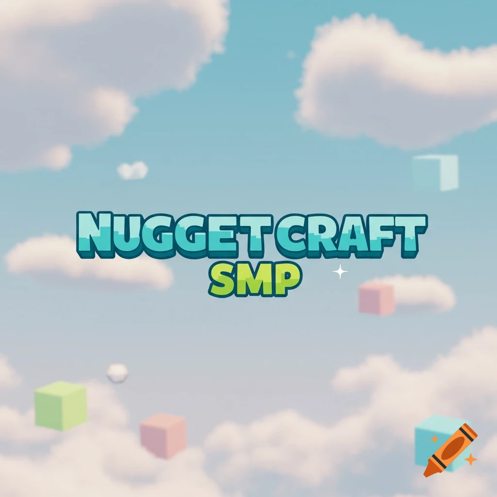 Text "NUGGET CRAFT SMP" in a blue sky with clouds and floating colored blocks, in a style like Minecraft