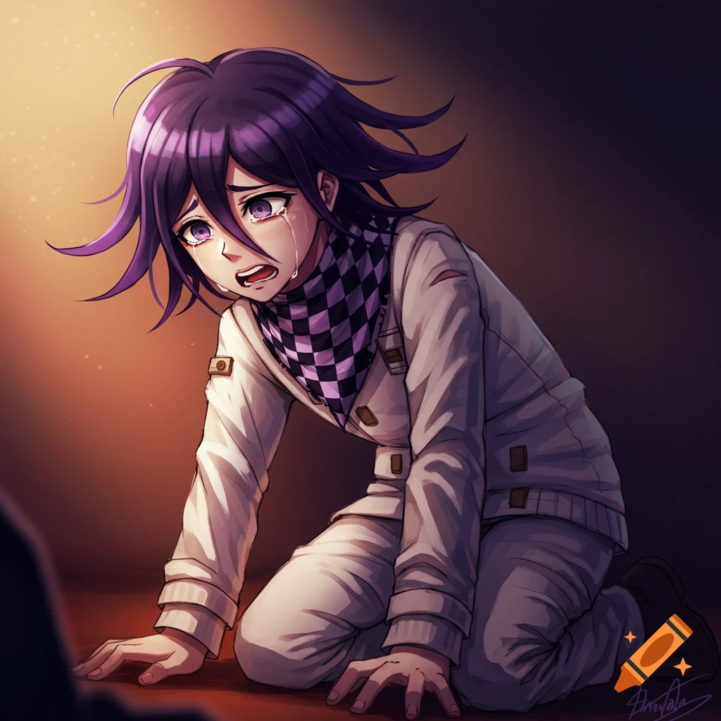 Anime character kneeling and crying