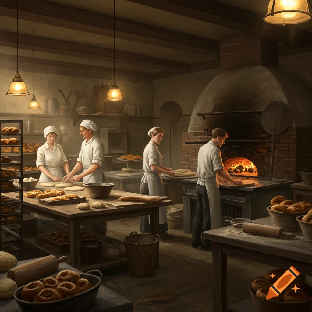 Bakers working in a post-WWI bakery back room.