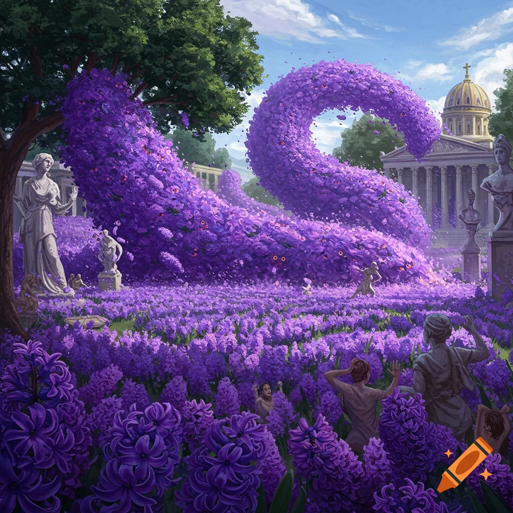 A large wave of purple hyacinths flows through a classical garden with statues and people.