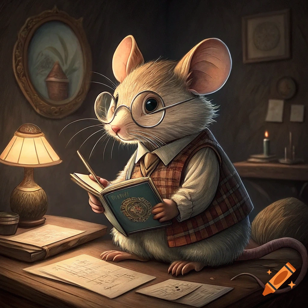 Cartoon mouse in glasses and vest reads a book at a desk with papers.