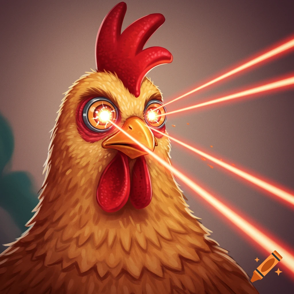 Cartoon chicken shooting red lasers from its eyes.