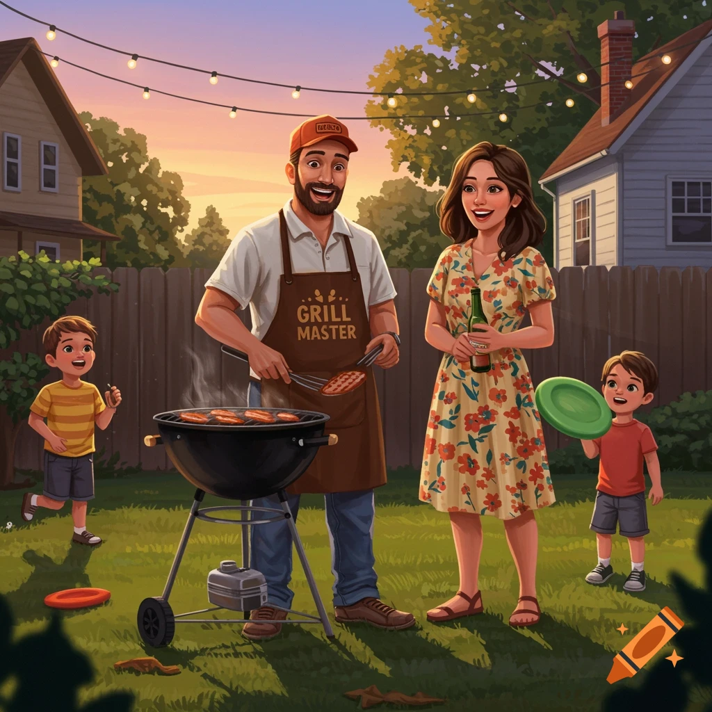A family having a backyard BBQ at sunset.