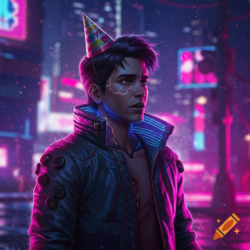 Cyberpunk character in a futuristic city street wearing a birthday hat and jacket with neon lights.