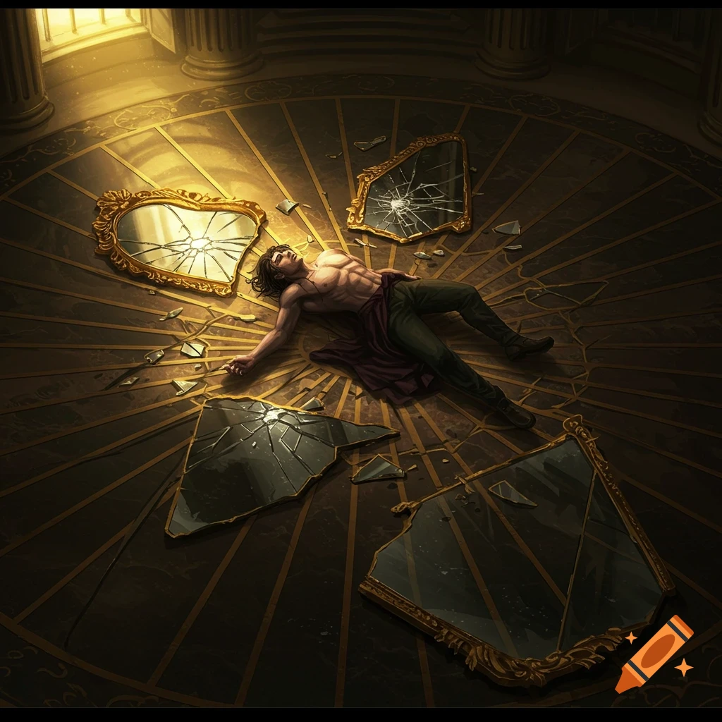 A man lying on a palace floor surrounded by broken mirrors.