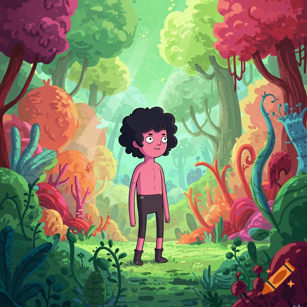 A cartoon character with curly black hair stands in a vibrant, whimsical forest.