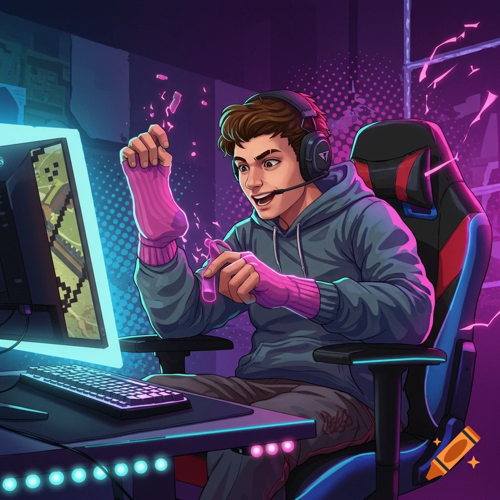Digital illustration of an excited young man wearing headphones and pink socks on his hands while gaming at a computer.