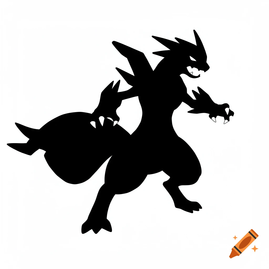 Black silhouette of a creature resembling a Pokemon like Charizard in a dynamic pose against a white background.