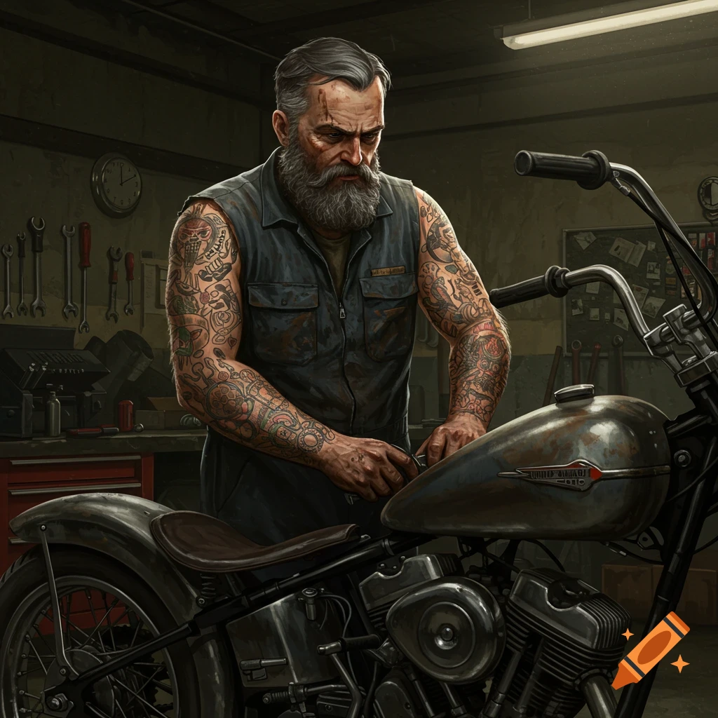 Bearded man with tattoos working on a motorcycle in a garage