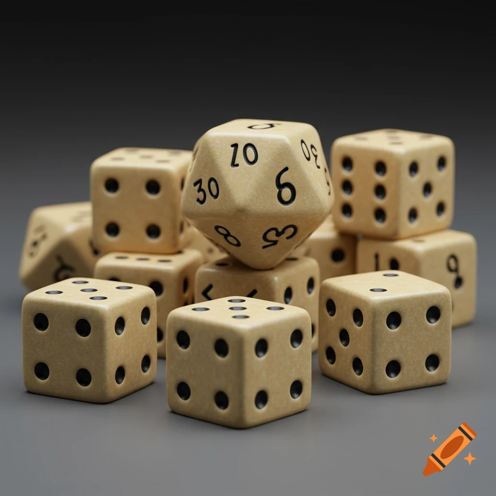 A close-up photo of a pile of vintage-style dice.