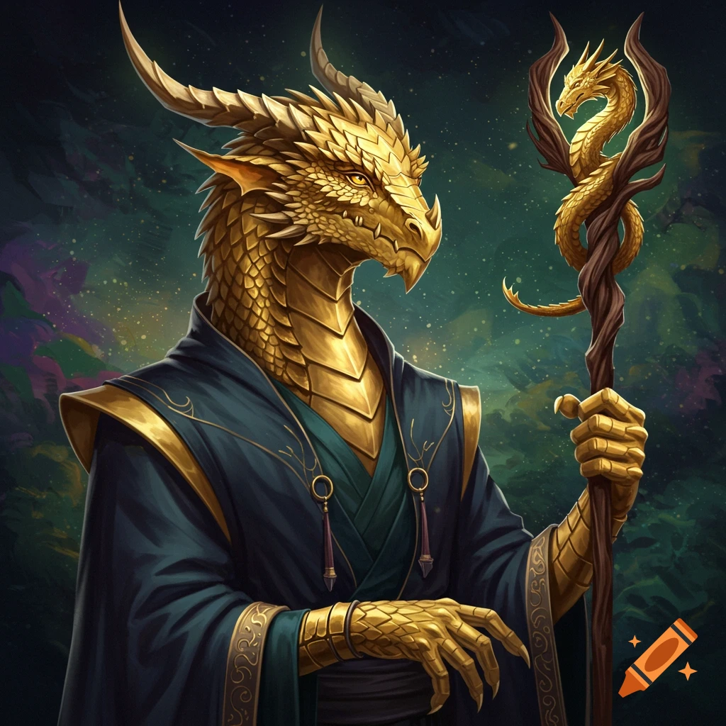 A golden dragonborn sorcerer in a robe holding a staff.