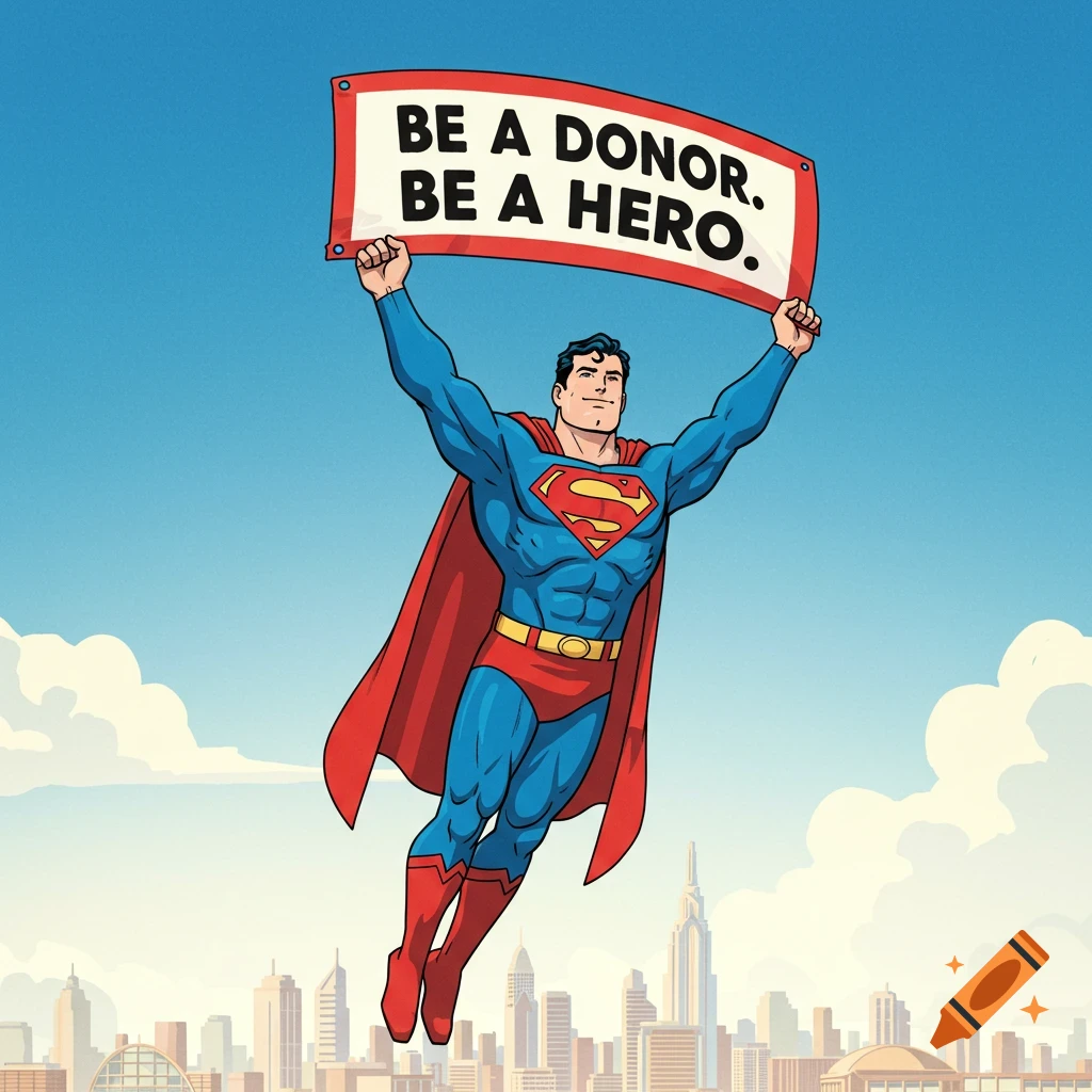 Cartoon Superman flies over a city holding a banner that says 'BE A DONOR. BE A HERO.'