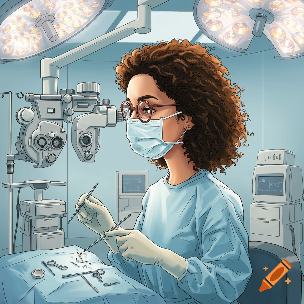 A curly-haired female surgeon in an operating room looks into medical equipment, holding instruments over a patient.