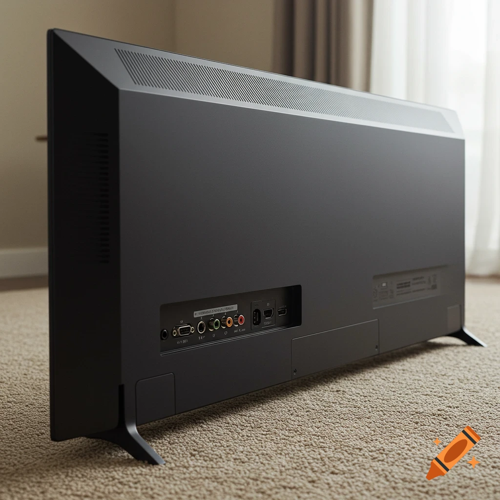 Rear view of a large dark television sitting on a beige carpet.