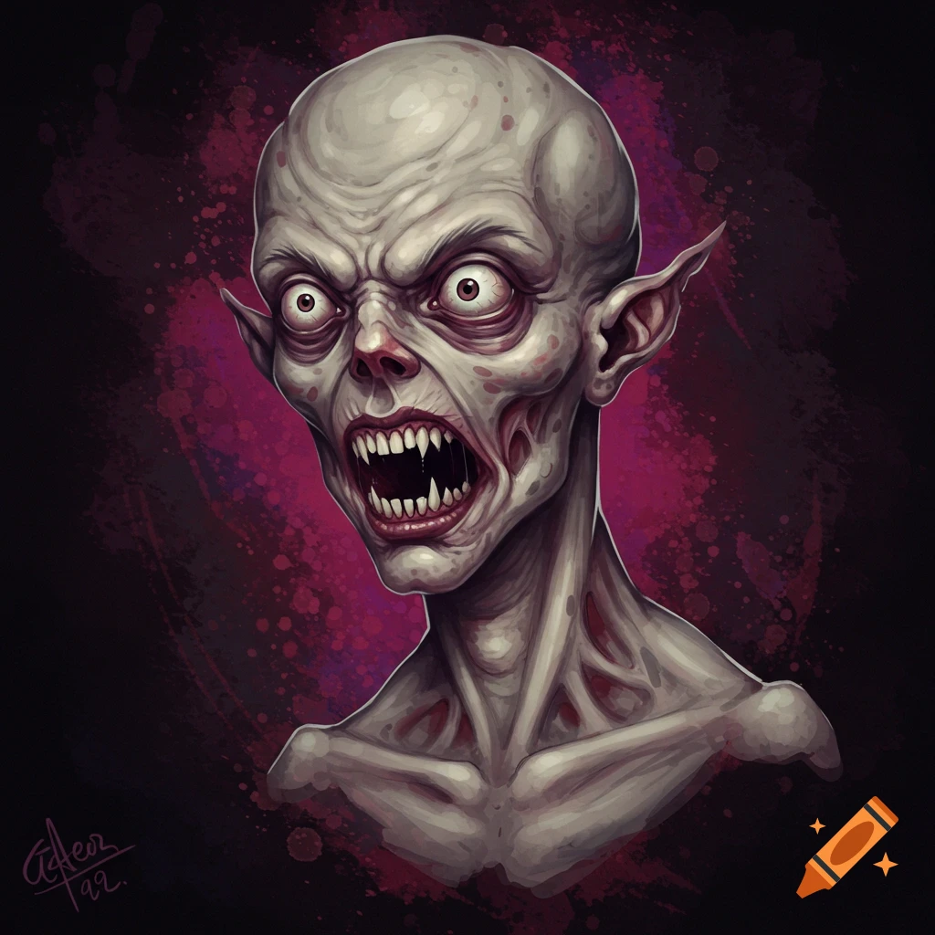 A pale, gaunt creature with sharp teeth and red eyes against a dark background.