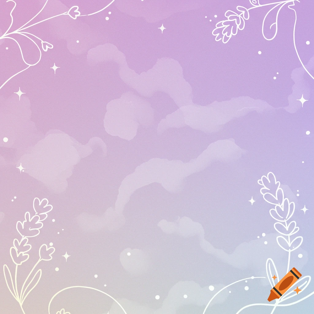 A pastel gradient background with white outline illustrations of lavender and stars.
