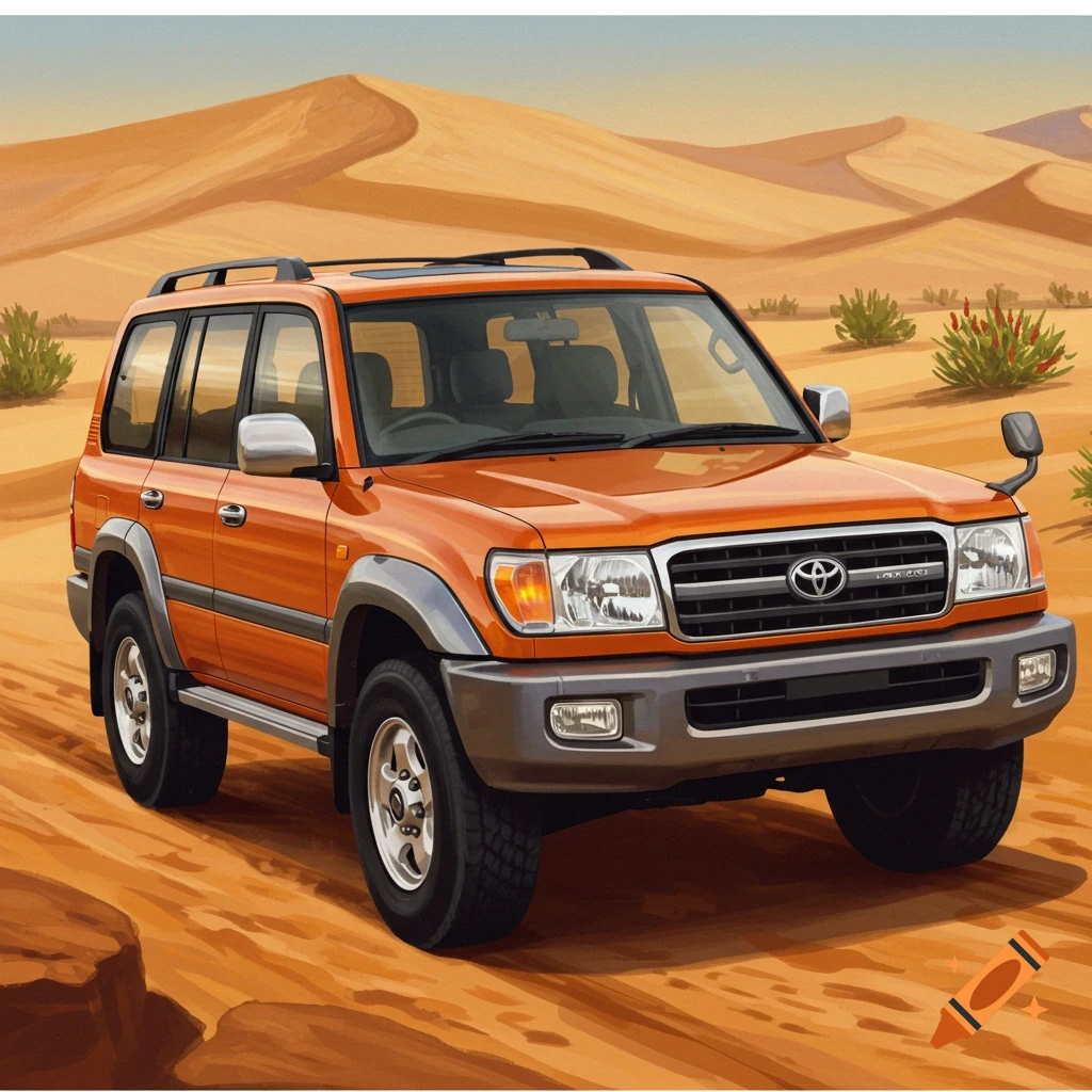 An orange SUV driving through a sandy desert landscape.