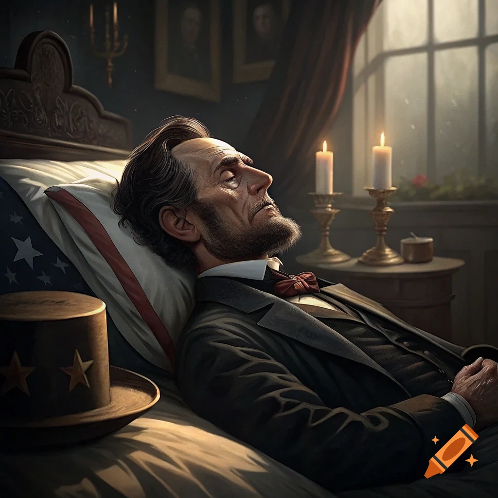 Abraham Lincoln lies on a bed with an American flag pillow and top hat.
