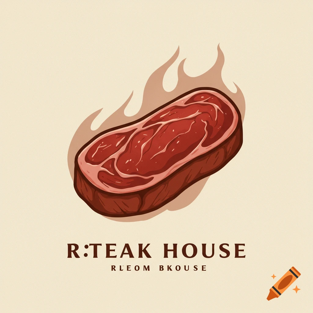 Logo of a steak with flames and text
