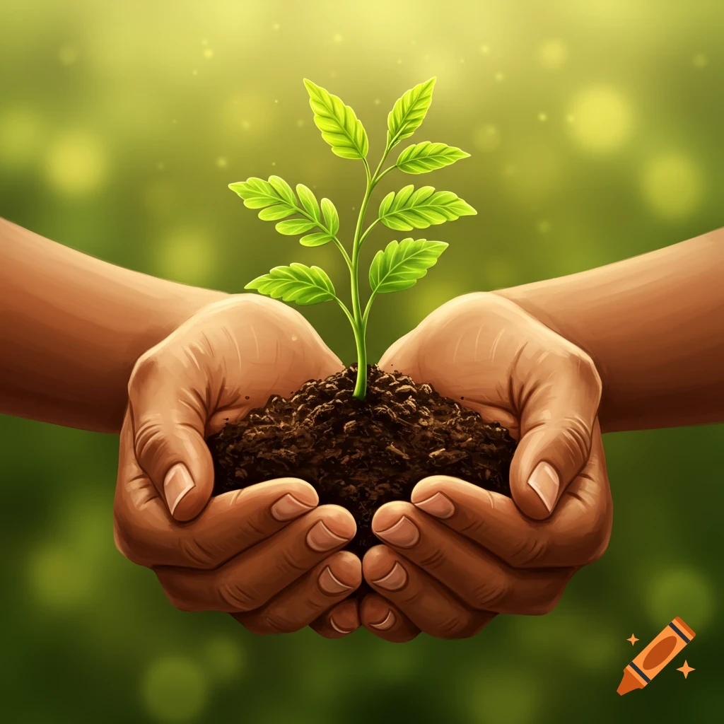Hands holding a young plant growing in dirt.
