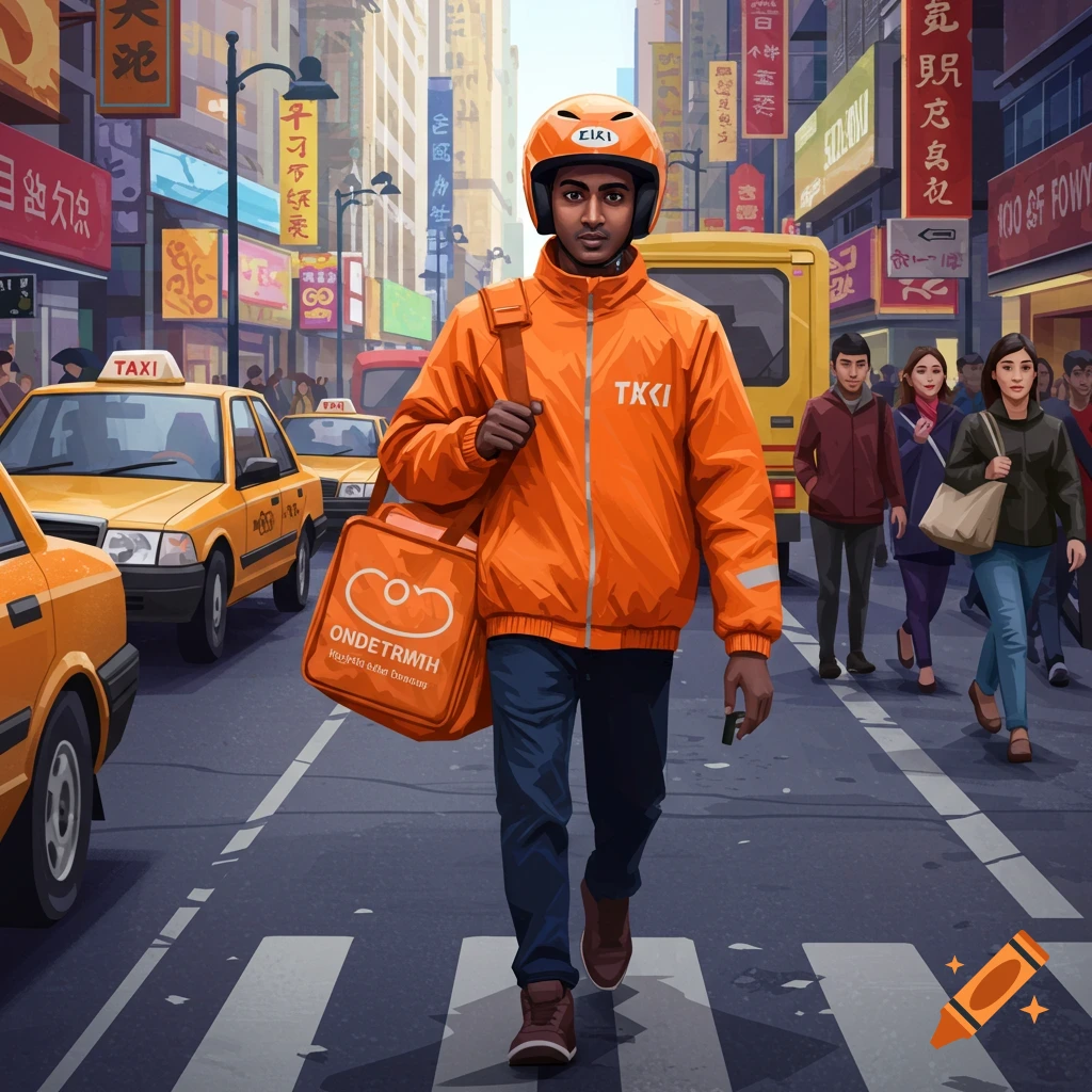 A food delivery guy in an orange jacket walking on a busy city street with yellow taxis and pedestrians.