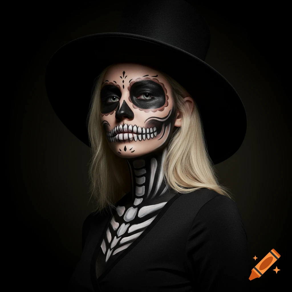 A blonde woman with elaborate skull face paint, wearing a black dress and a top hat.