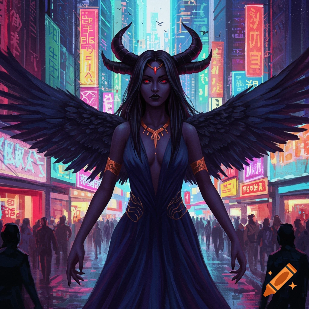 A dark goddess with horns and wings stands in a neon-lit cyberpunk city street with crowds.