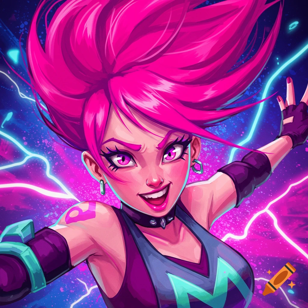 Stylized depiction of a character with pink hair and lightning effects.