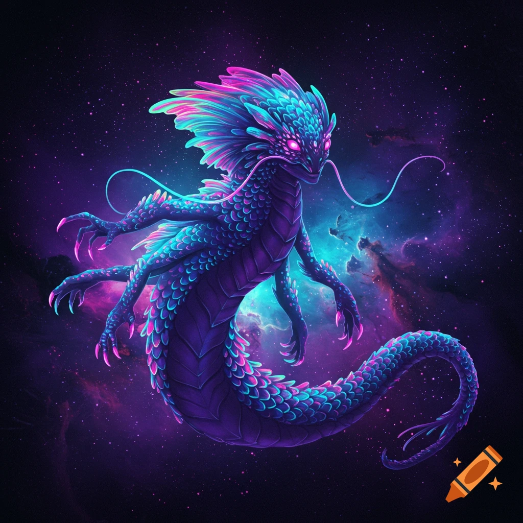 Purple and blue dragon-like creature in cosmic space with nebula background, digital art.