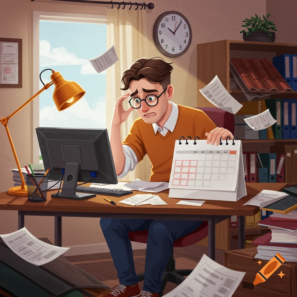Illustration of a stressed business owner at a chaotic home office desk, looking overwhelmed by papers and holding an empty calendar.