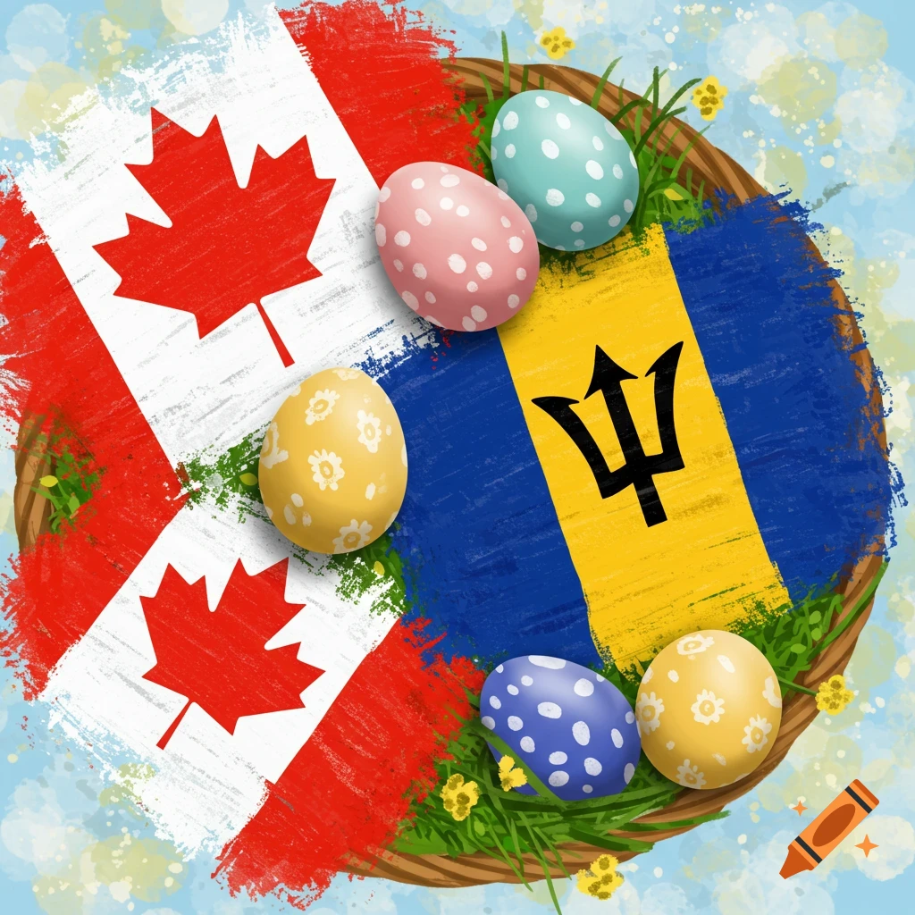 Canadian and Barbadian flags with Easter eggs in a basket.