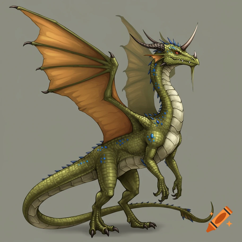 A green dragon with orange wings, blue spots, red eyes, and horns.